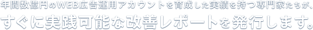年間数億円のWEB広告運用アカウントを育成した実績を持つ専門家たちが、すぐに実践可能な改善レポートを発行します。